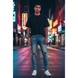 MNML Paint Splatter Distressed Skinny Jeans Light Wash Denim Size 34 Used